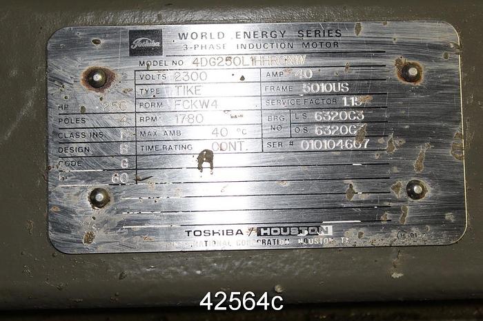 Used Toshiba 4DG250L1HHRC A/C Motor, 250 Hp, 1800 Rpm, 5010US Frame #42564