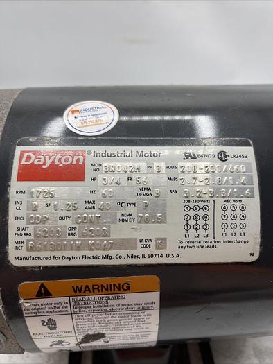 Used Dayton 3N042M, PH 3, HP 3/4, RPM 1725. Pics