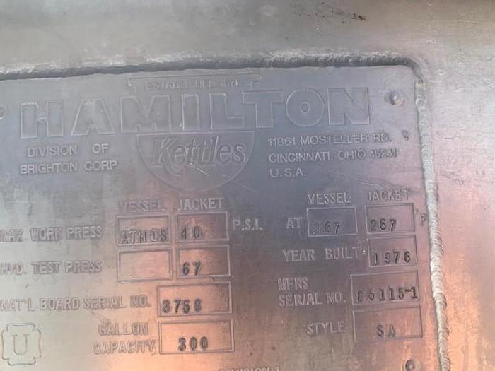 Used Hamilton 300 Gallon Stainless-Steel Jacketed Double Motion Mix Kettle.