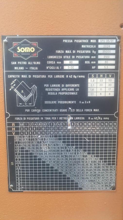Usato Pressa Piegatrice Idraulica Somo 3100 X 35 Ton