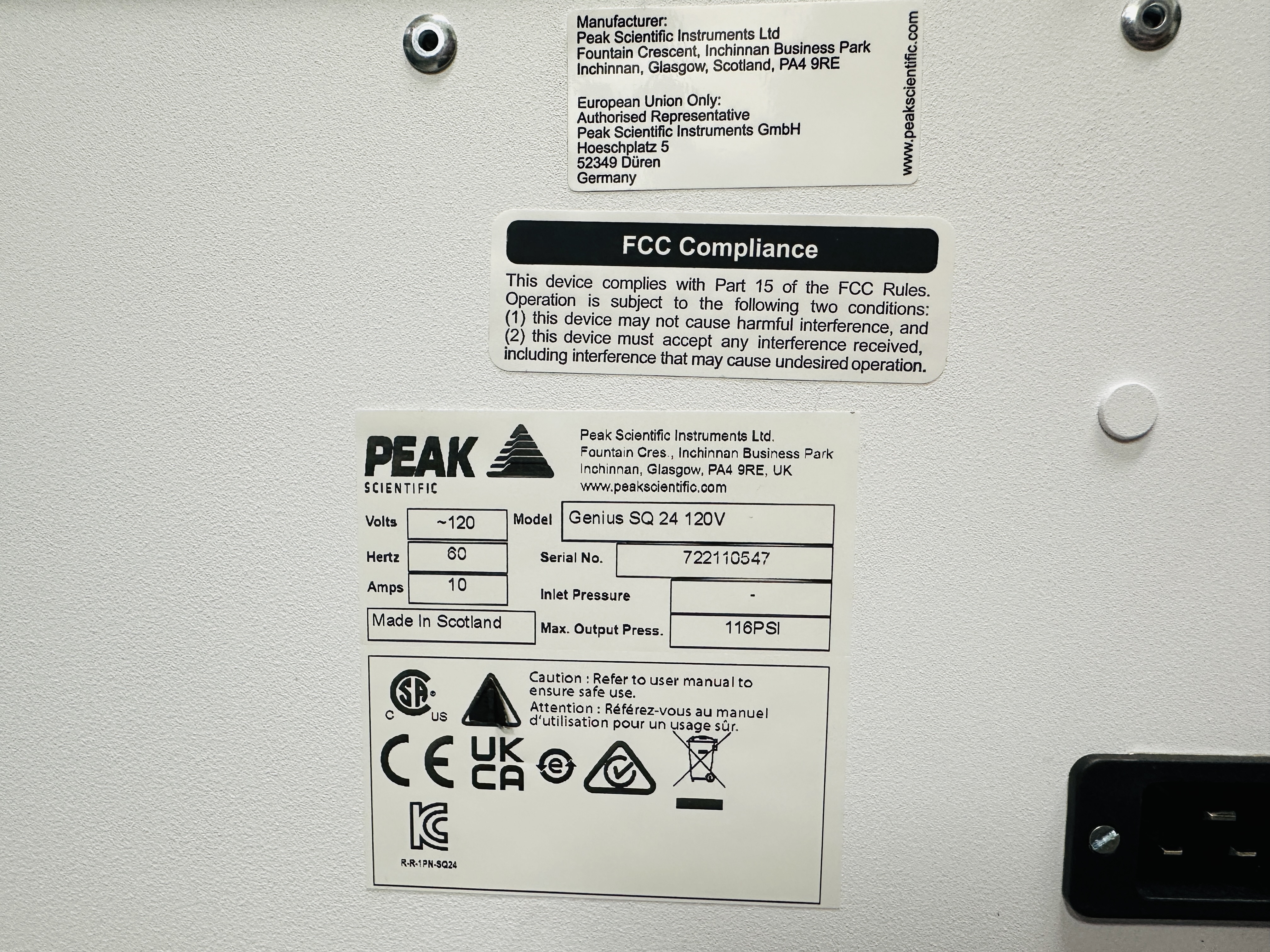 Used PEAK Scientific Genius SQ 24 Compact Nitrogen Gas Generator