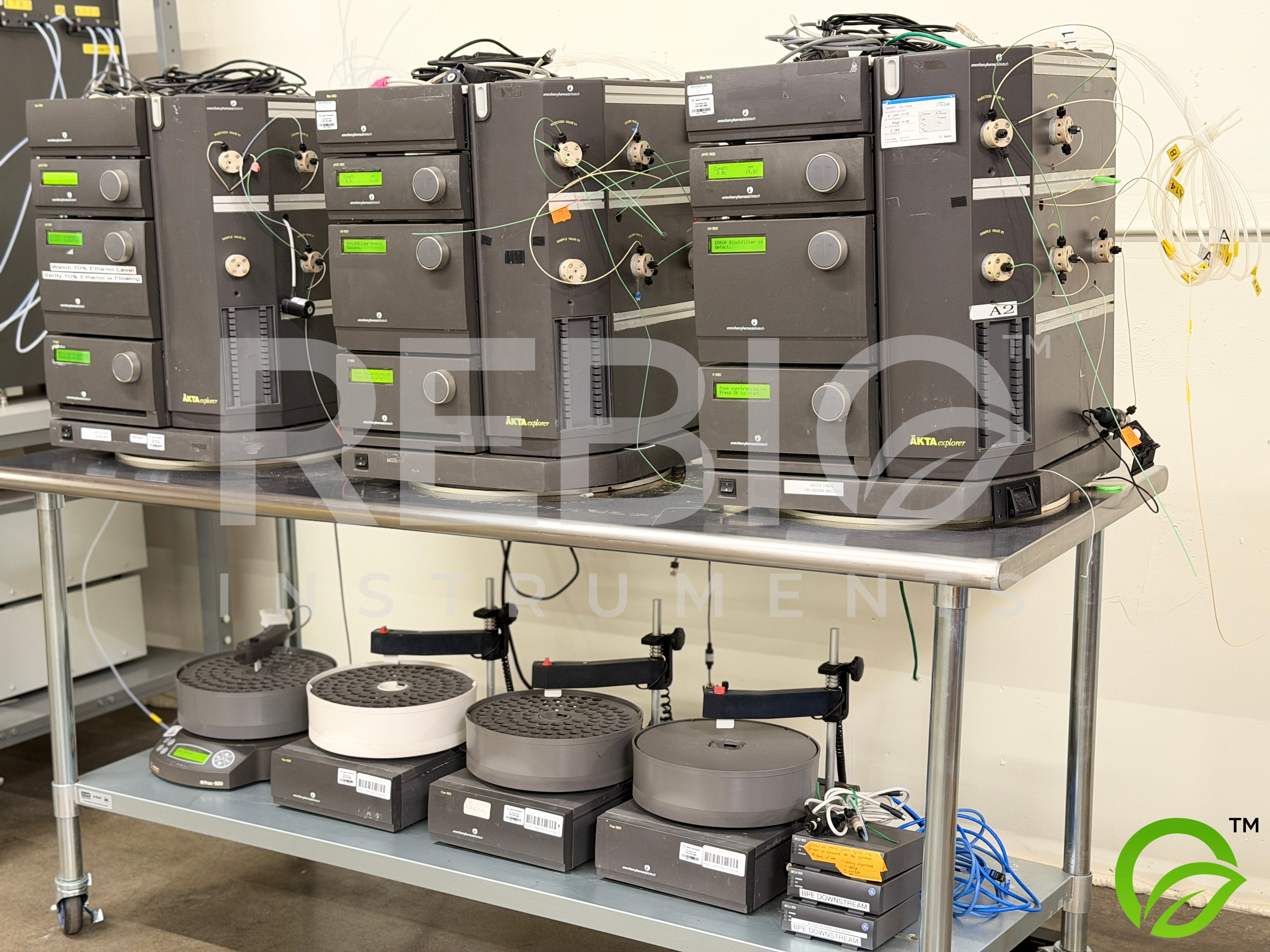 Used Lot of 3 GE AKTA Explorer FPLC Systems — 3x CU-950, 3x Frac-900, 1x Frac-920 — Protein Purification