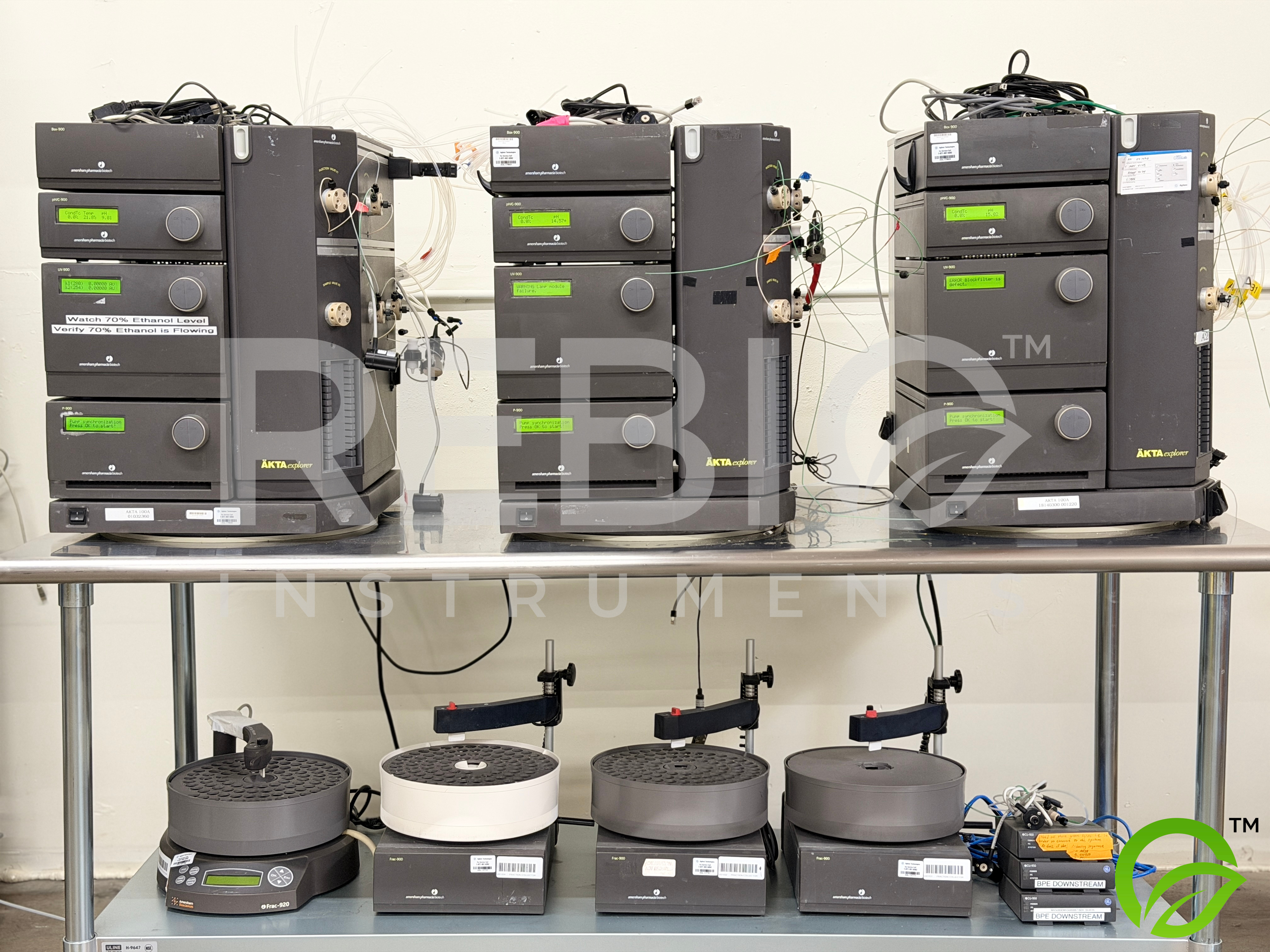 Used Lot of 3 GE AKTA Explorer FPLC Systems — 3x CU-950, 3x Frac-900, 1x Frac-920 — Protein Purification