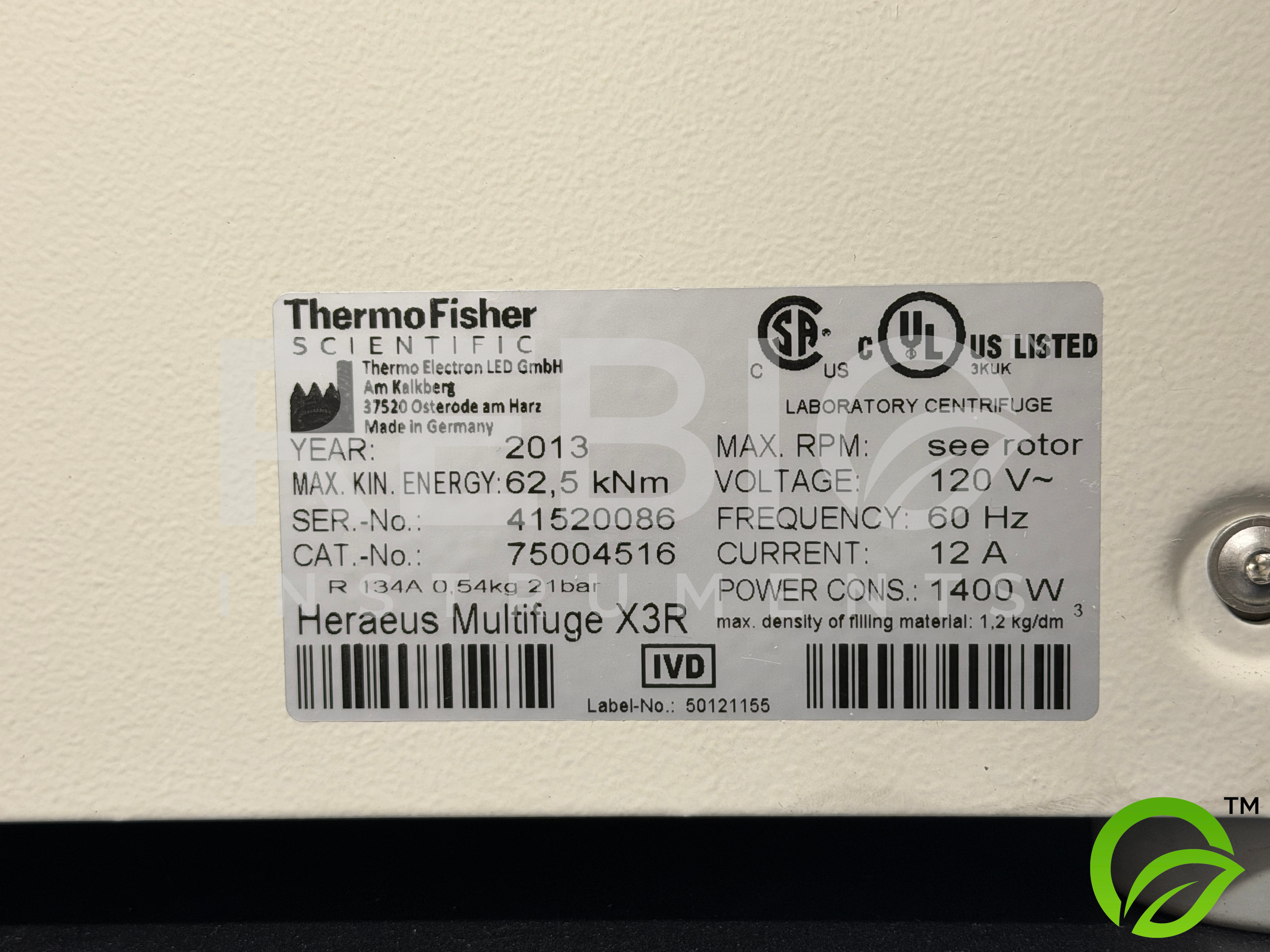 Used  Thermo Scientific Heraeus Multifuge X3R Centrifuge with TX-750 Rotor 