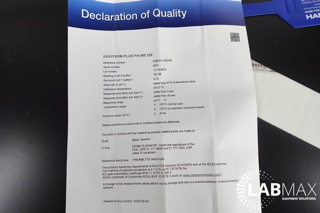 Hamilton EasyFerm Plus PHI MS 325 PH Sensor NEW with WARRANTY