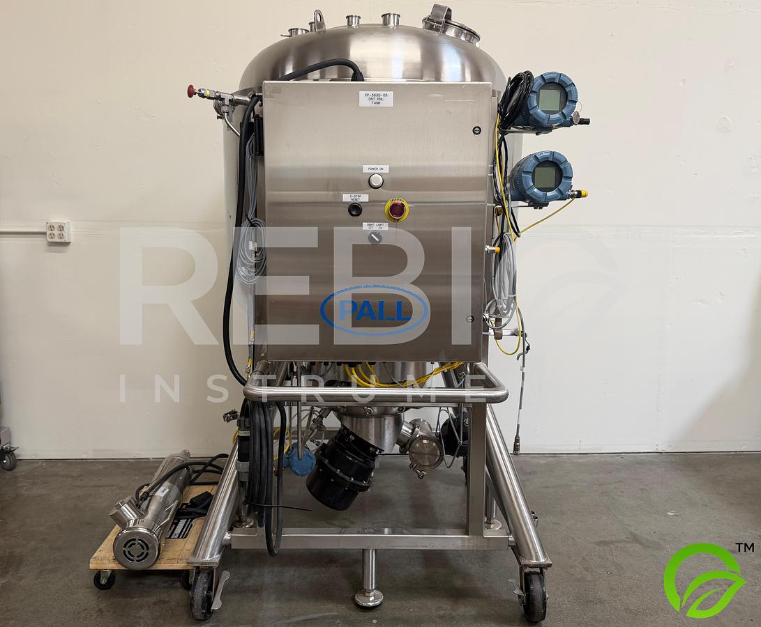 Used Pall Filtron 600L Allegheny Bradford 316SS Recycle Tank RT-3530 | AUTOTFF Bioprocessing Skid | Lightnin Agitator | Rosemount Analytical pH/ORP | Mobile Caster Frame