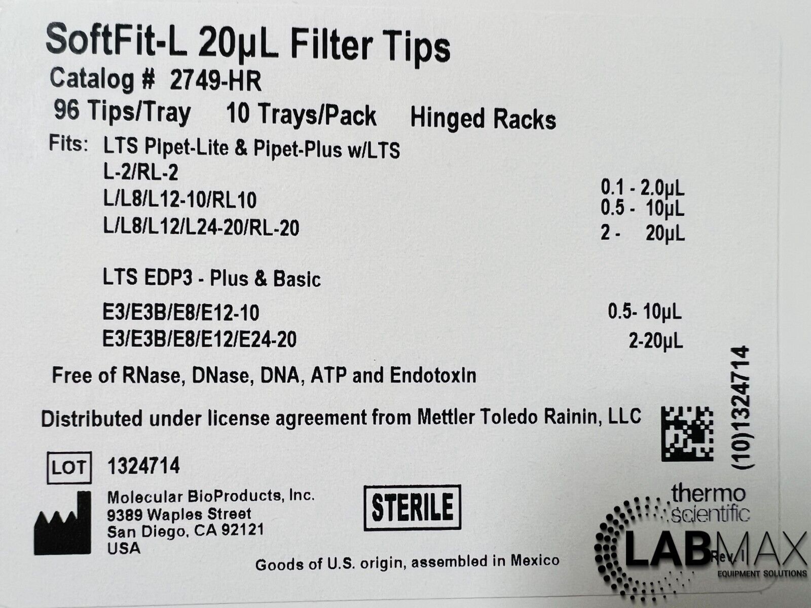 Thermo / Rainin 20ul 2749-HR SoftFit-L LTS Pipette Tips 10 Racks (Qty 960)