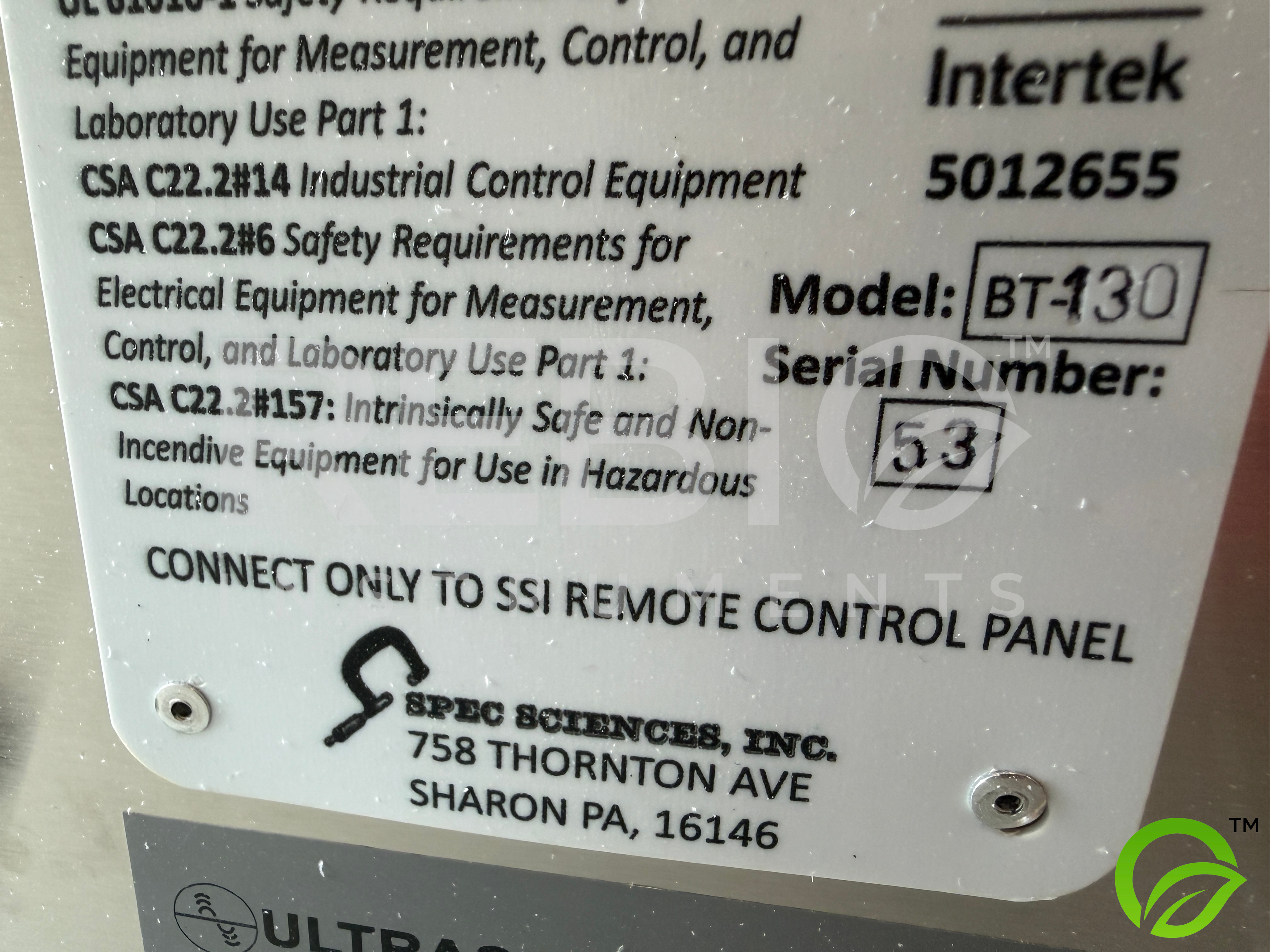 Used Spec Sciences Flammable Liquid Ultrasonic Cleaner Hood Model BT-130