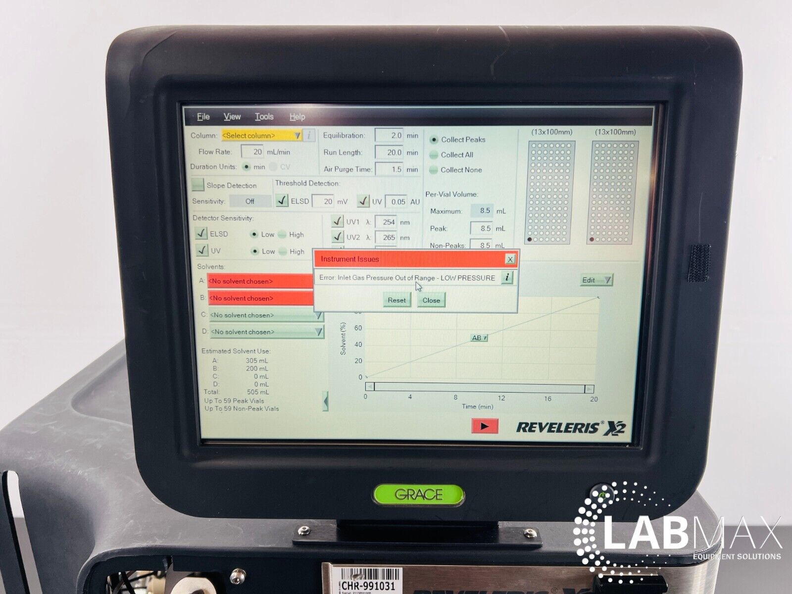 Used Grace Reveleris Flash Chromatography System with Fraction Collection Trays