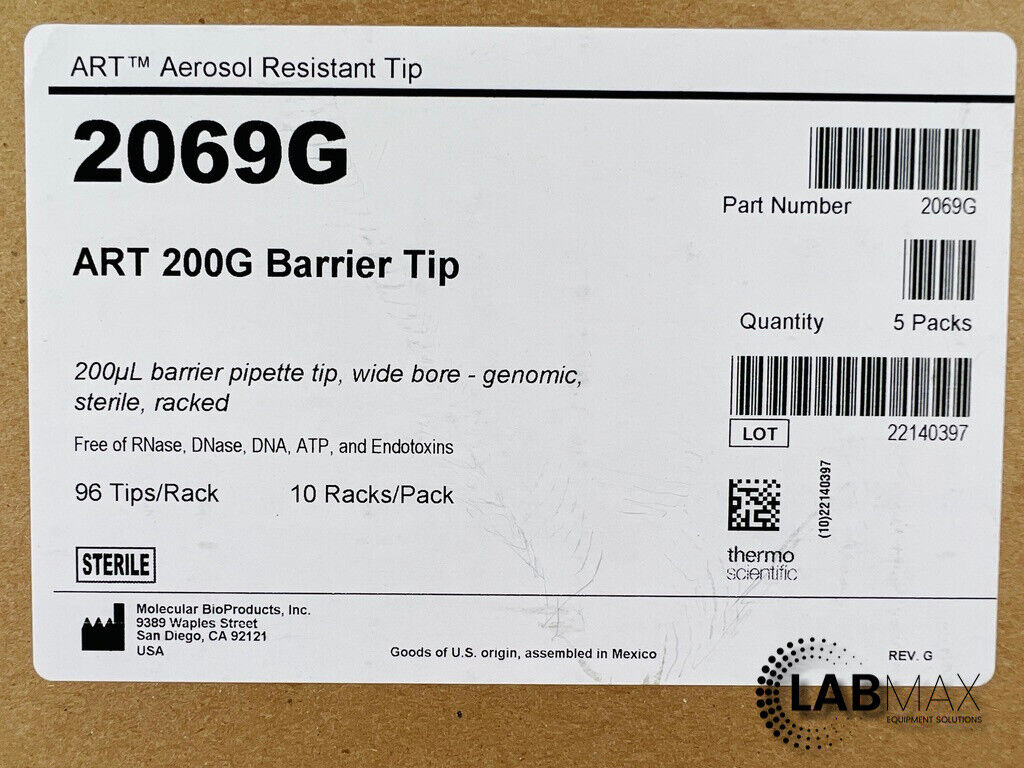 Thermo 200uL 2069G ART 200G Barrier Tip Wide Bore Genomic 10 Racks (960 Tips)