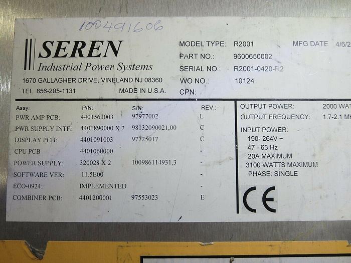 Used Seren Industrial Power Systems,R2001,RF Power Supply,Output - 2 KW @ 1.7-2.1 MHZ
