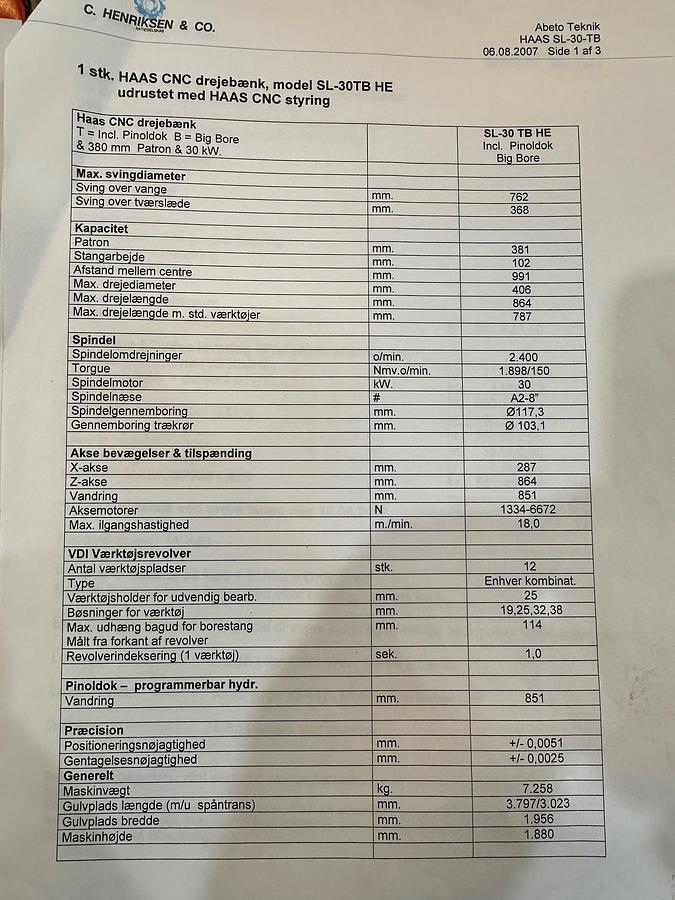 Used BRUGT CNC-DREJEBÆNK FABR. HAAS, MODEL SL 30 TBHE (Big Bore)