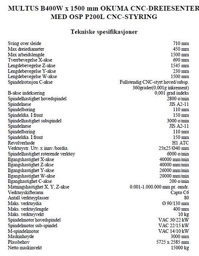 Used BRUGT CNC DREJE & FÆSER CENTER OKUMA, MODEL MULTUS B-400 W - ÅRGANG 2011