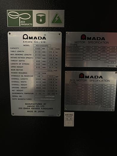 Used BRUGT CNC-KANT PRESSE FABR. AMADA, MODEL DH 1003 ATC