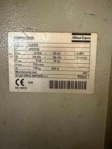 Used BRUGT SKRUEKOMPRESSOR FABR. ATLAS COPCO, MODEL GA 37 VSD FF