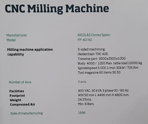 Used BRUGT CNC-PORTALFRÆSER FABR. CORREA, MODEL FP 40/40