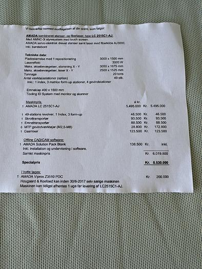 Used BRUGT CNC-FIBER LASER & REVOLVERSTANSER FABR. AMADA, MODEL LC 2515 C1AJ