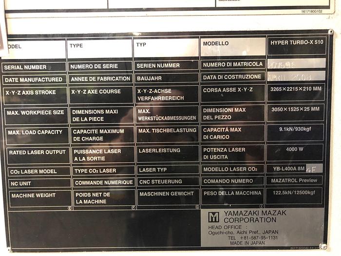 Used BRUGT CNC-LASERSKÆRER FABR. MAZAK, MODEL HYPER TURBO X 510