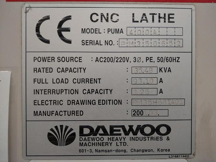 Used BRUGT CNC-DREJEBÆNK FABR. DOOSAN-PUMA, MODEL 400 A