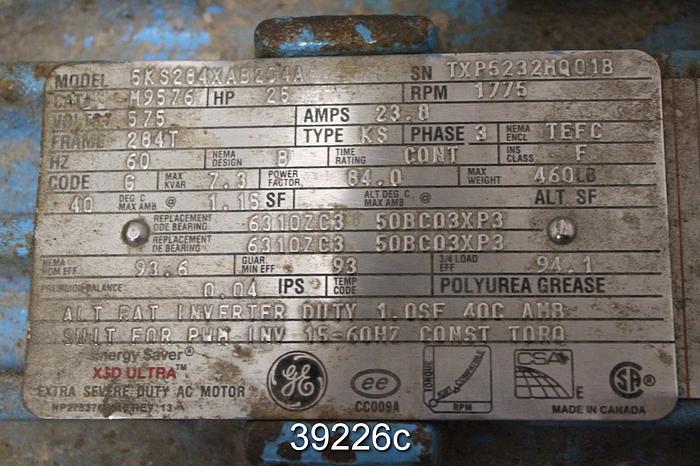 Used General Electric 25 HP AC Motor, 1775 RPM, 575 Volts, 284 T Frame #39226