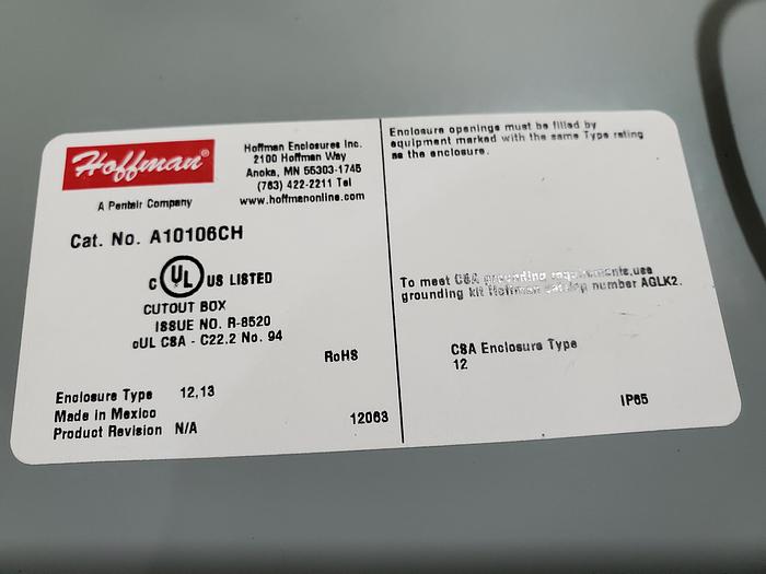 Used HOFFMAN A10106CH INDUSTRIAL ENCLOSURE JIC BOX