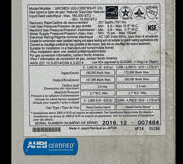 Used Noritz Tankless Water Heater Model: NRC98DV