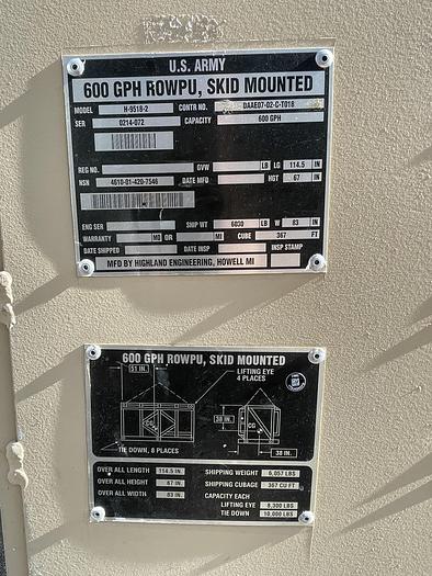 Used Emergency Water U.S. Army 600  GPH ROWPU  System