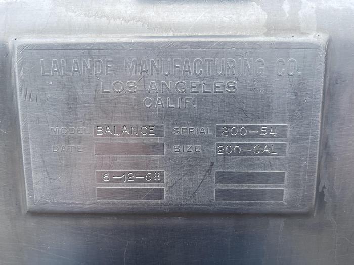 Used Lalande 200 Gallon Stainless Steel Balance Tank