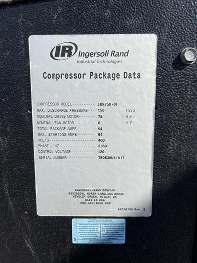 Used Ingersoll & Rand 75 HP Rotary Screw Air Compressor