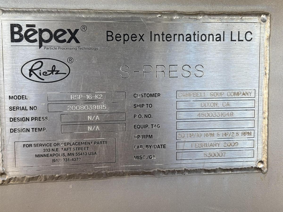 Used 2009 Bepex -Rietz S-Press Model RSP-16-K2