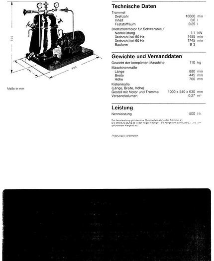 Refurbished Westfalia pilot plant separator, type SA 1-02-175