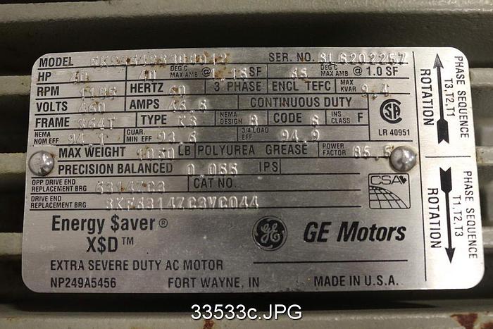 Used General Electric 5KS364SS308012 40 Hp, 186 Rpm, 460 Volts Ac Motor #33533