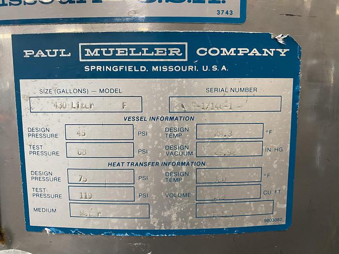 Used Paul Mueller 430 Liter 45 PSI Stainless Steel 75 PSI Jacketed Reactor w/ Mixer