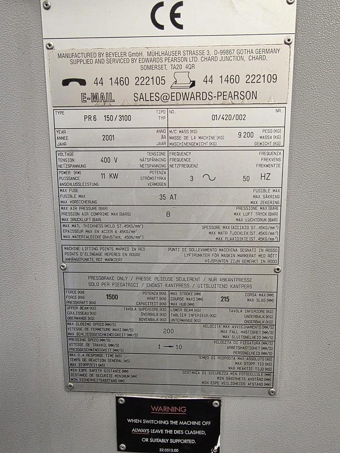 Used Edwards Pearson PR6 150/3100 CNC Downstroke Pressbrake