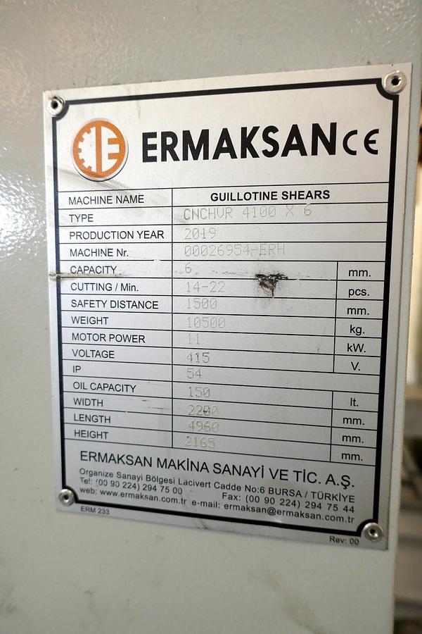 Used Ermaksan CNC HVR 4100-6 Hydraulic Shear