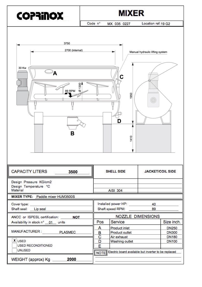 Used PLASMEC mixer from 3500 Liters