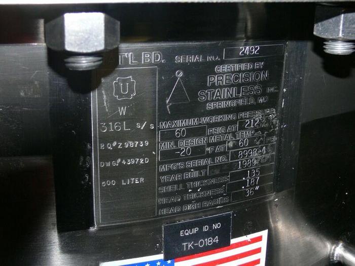 Used Precision 500 Liter 316L Stainless Steel Reactor / Pressure Vessel Rated 60 PSI