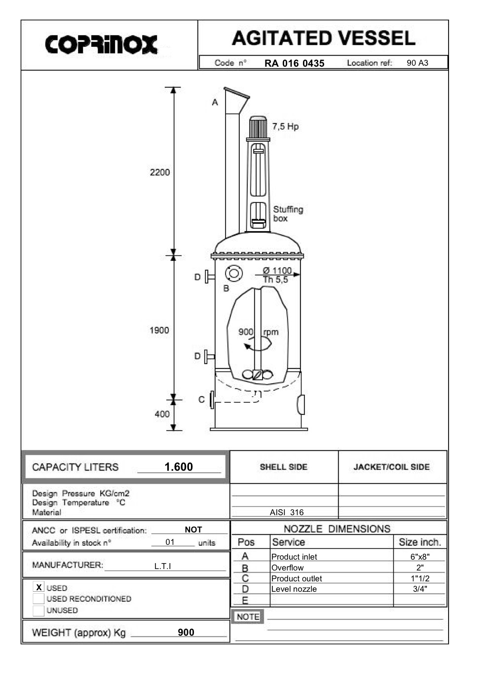 Usato Reattore Miscelatore L.T.I da 1600 Litri