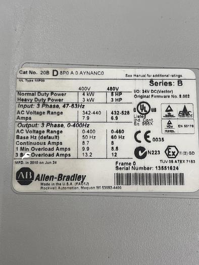 Used Allen-Bradley 20B D 8P0 A0 AYNANC0 Ser B