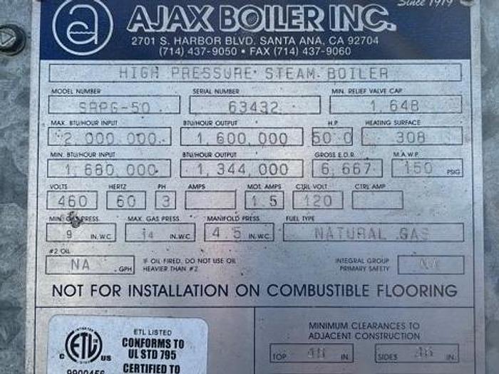 Used 50 HP Ajax High Pressure Steam Boiler Model SAPG-50