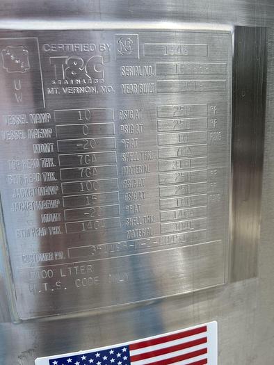 Used Tank, 370 Gallon, 316L Stainless Steel, Jacketed, Agitated, 10 PSI, T&C Stainless #L744633