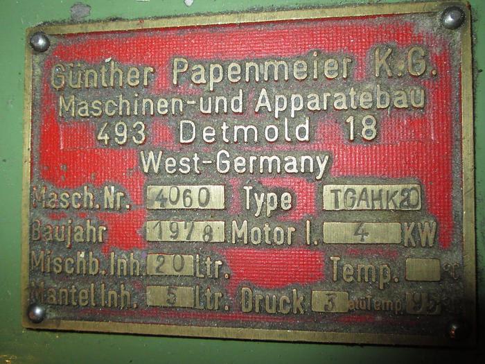 Used 20 LITER WELEX PAPERNMEIER HIGH INTENSITY MIXER – S/S (#9197)