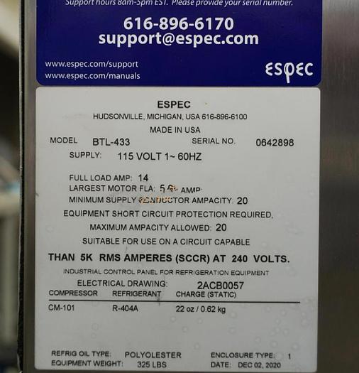 Refurbished 2020 ESPEC BTL433 temperature and humidity chamber, 4