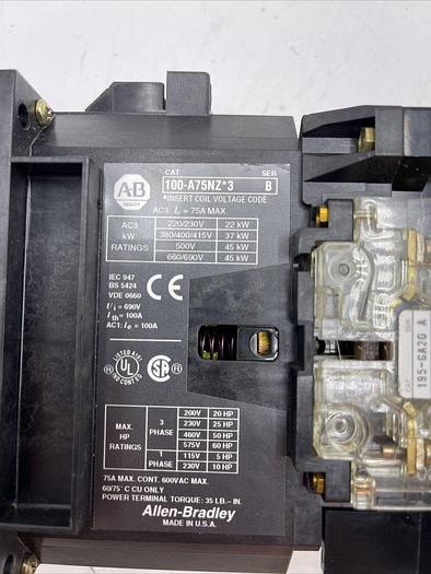 Used ALLEN BRADLEY 100-A75NZ*3 SER B CONTACTOR. 195-GA20 Ser A 195-GA10 Ser A