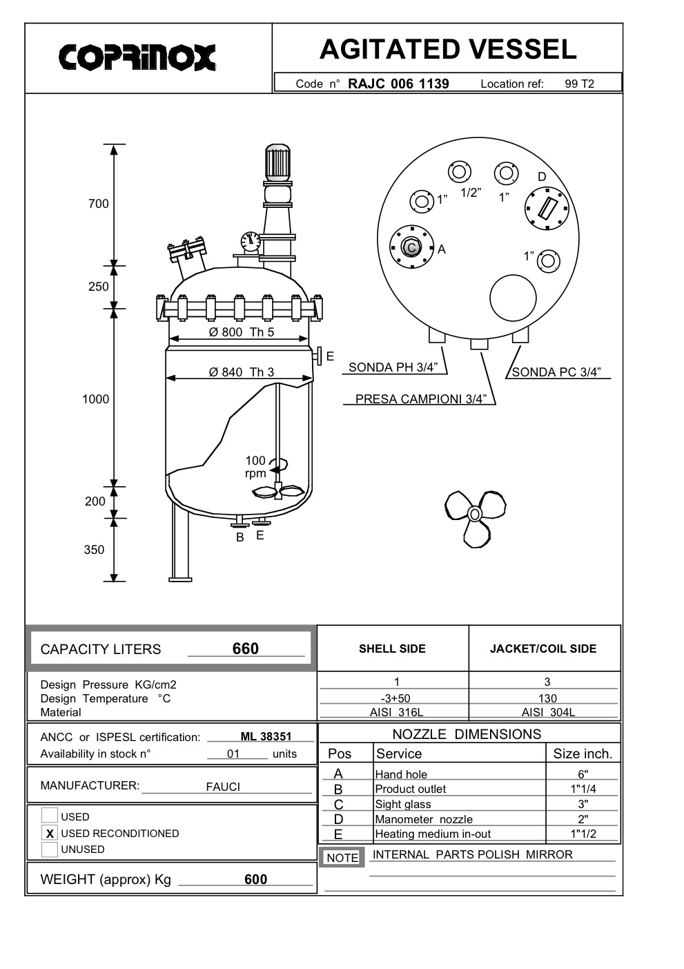 Usato Reattore FAUCI da 660 Litri