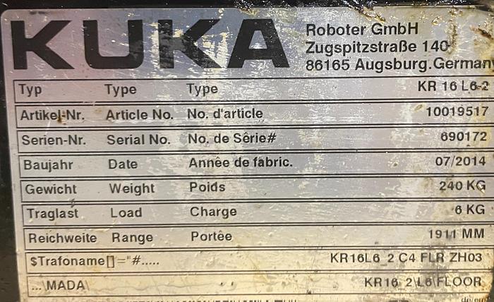 Used KUKA KR 16 L6-2 6 AXIS ROBOT 6KG X 1911MM H-REACH WITH KRC4 CONTROLLER