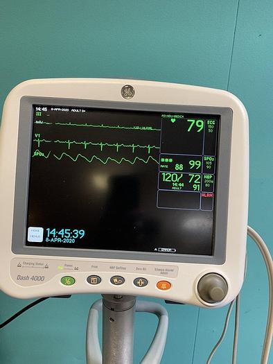 Used GE Dash 4000 Patientenmonitor auf Trolley mit Zubehör, BP1/3, BP2/4, SPo2, Temp/co, NIBP