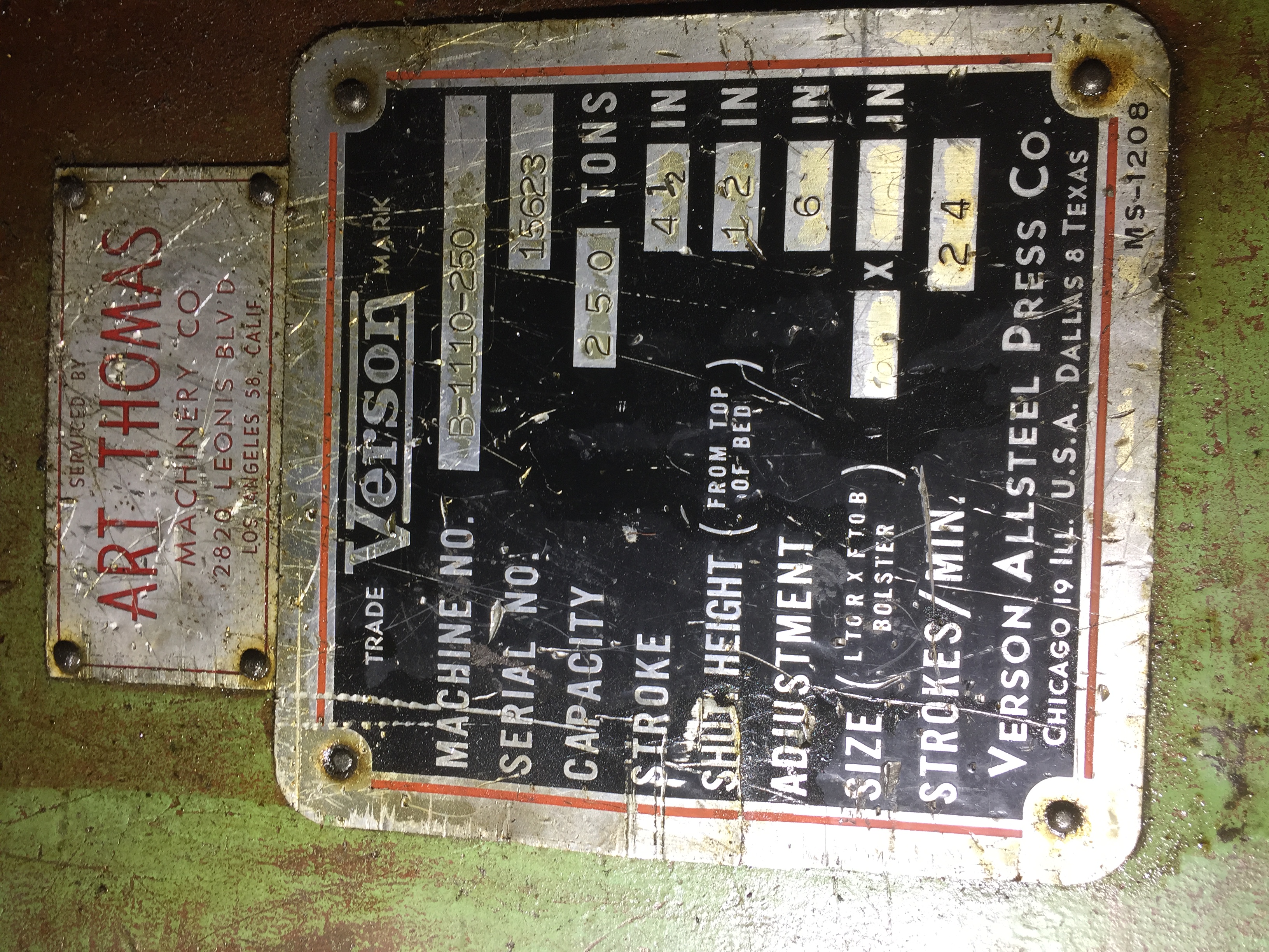 Used 12' x 250 Ton Verson Model B1110-250 Press Brake