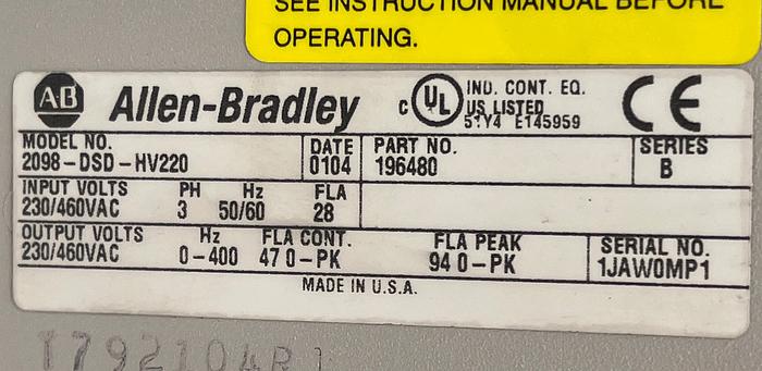 Used Allen-Bradley 2098-DSD-HV220 Ser B