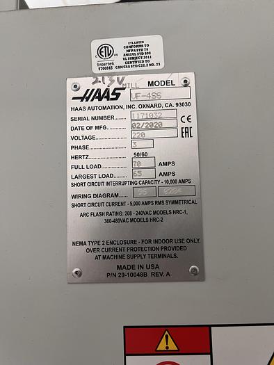 Used 2020 HAAS VF-4SS CNC Vertical Machining Center *** Low Hours ***